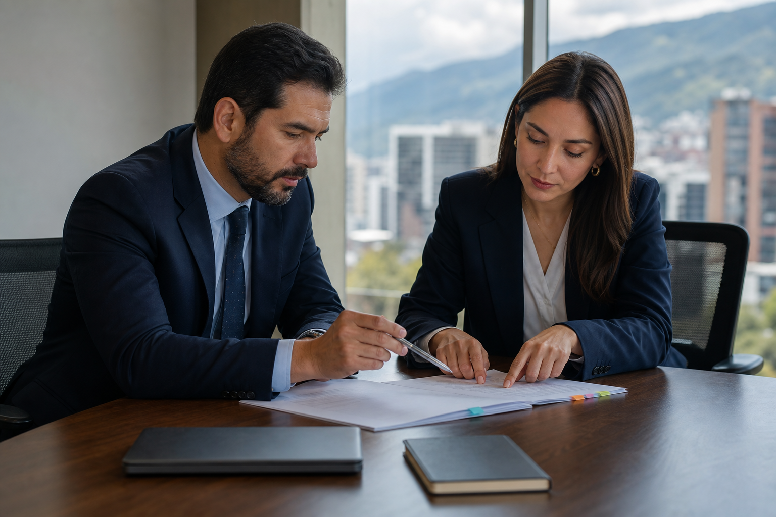 Profesionales analizando una estrategia jurídica y empresarial