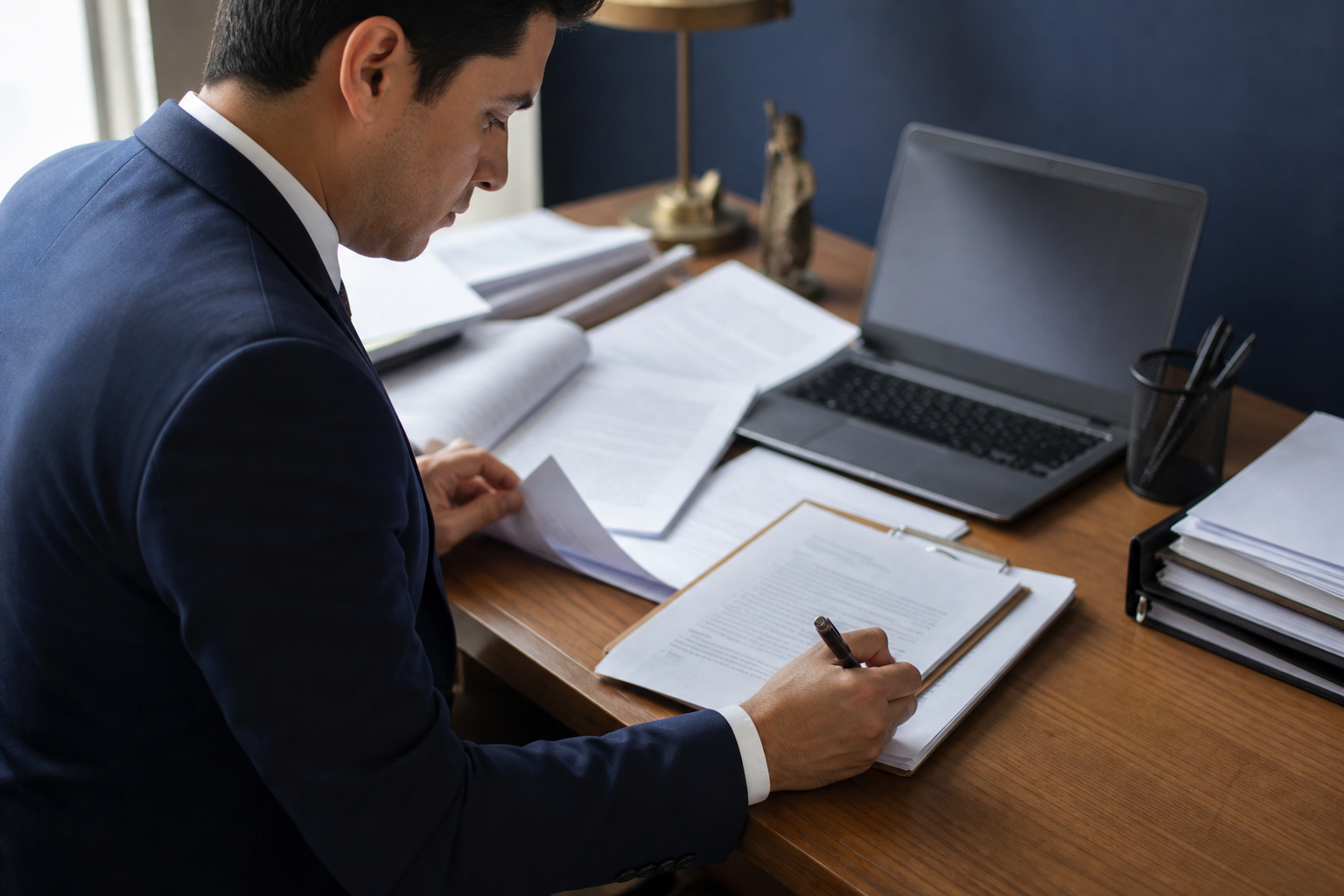 Profesional jurídico redactando y revisando cuidadosamente un contrato